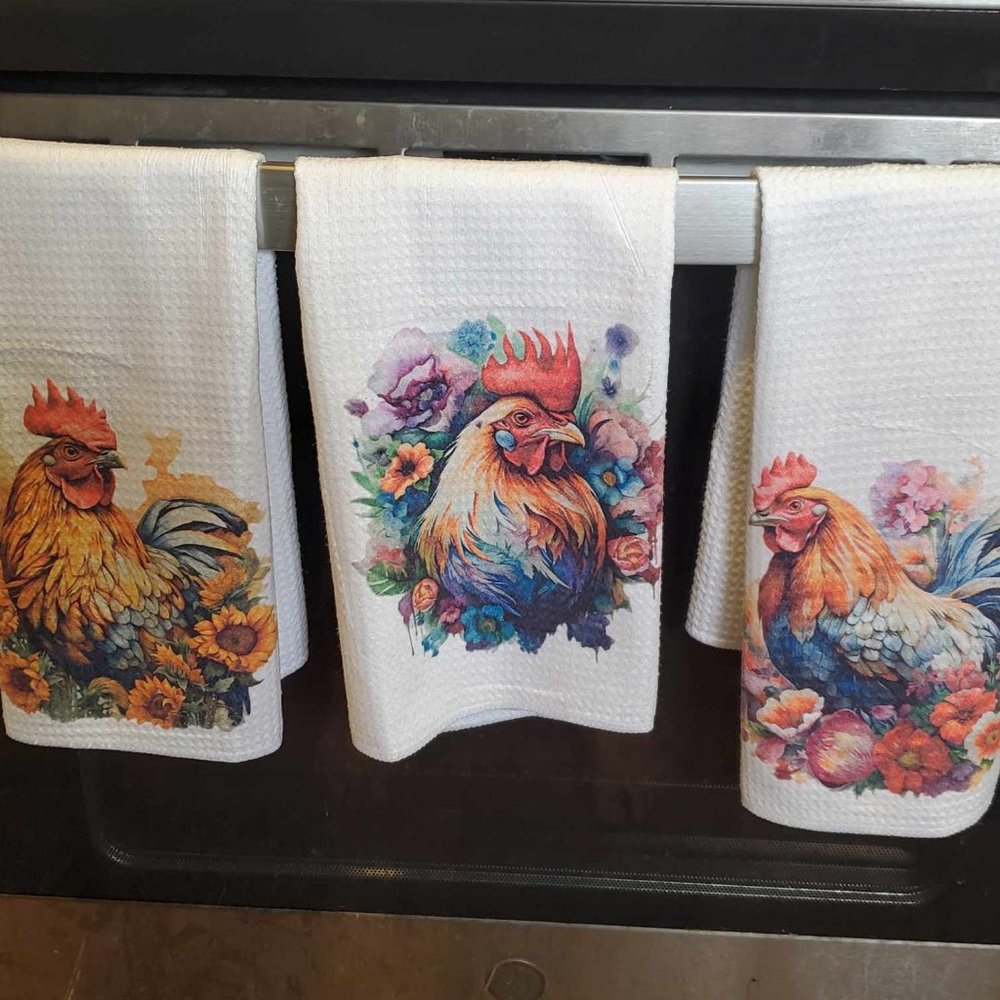 Set of 3 Watercolor Chicken Kitchen Towels